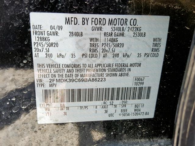 2FMDK39C69BA86223 - 2009 FORD EDGE LIMIT BLACK photo 10