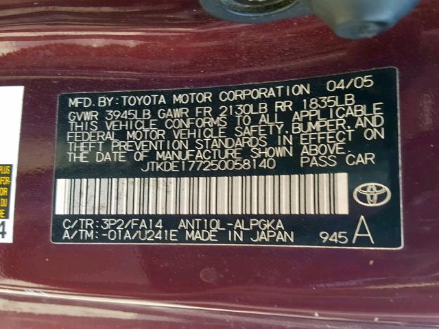 JTKDE177250058140 - 2005 TOYOTA SCION TC BURGUNDY photo 10