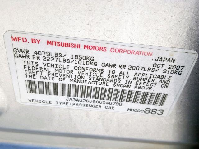 JA3AU26U68U040780 - 2008 MITSUBISHI LANCER ES GRAY photo 10