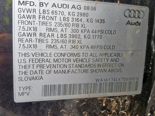 WA1AY74LX7D036513 - 2007 AUDI Q7 3.6 QUA CHARCOAL photo 10