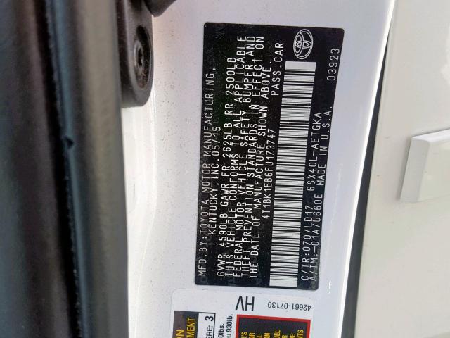 4T1BK1EB6FU173747 - 2015 TOYOTA AVALON XLE WHITE photo 10