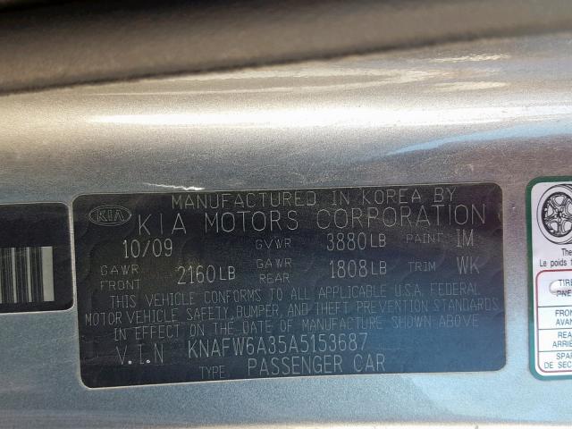 KNAFW6A35A5153687 - 2010 KIA FORTE SX SILVER photo 10