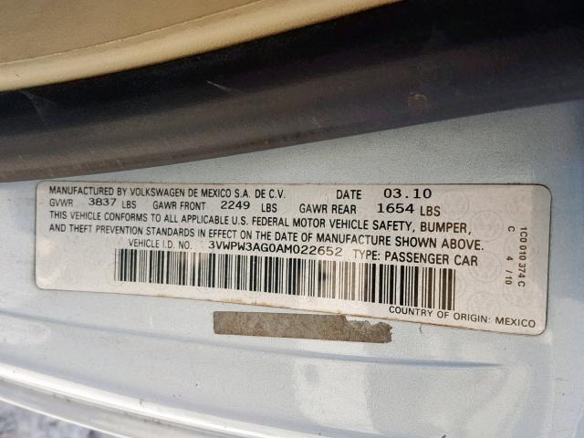 3VWPW3AG0AM022652 - 2010 VOLKSWAGEN NEW BEETLE ლურჯი ფოტო 10