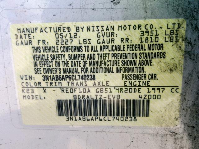 3N1AB6AP6CL740238 - 2012 NISSAN SENTRA 2.0 SILVER photo 10