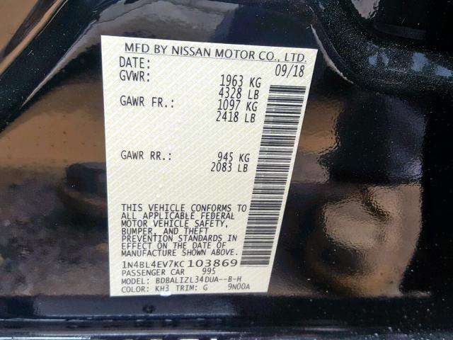 1N4BL4EV7KC103869 - 2019 NISSAN ALTIMA SL BLACK photo 10