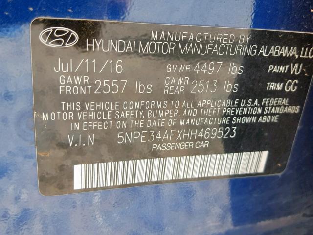 5NPE34AFXHH469523 - 2017 HYUNDAI SONATA SPO BLUE photo 10