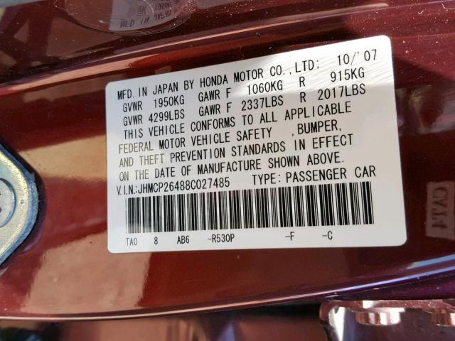 JHMCP26488C027485 - 2008 HONDA ACCORD LXP MAROON photo 10