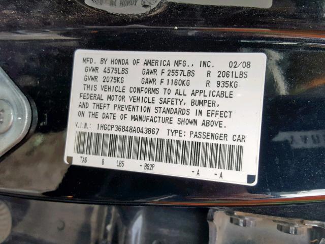 1HGCP36848A043867 - 2008 HONDA ACCORD EXL BLACK photo 10