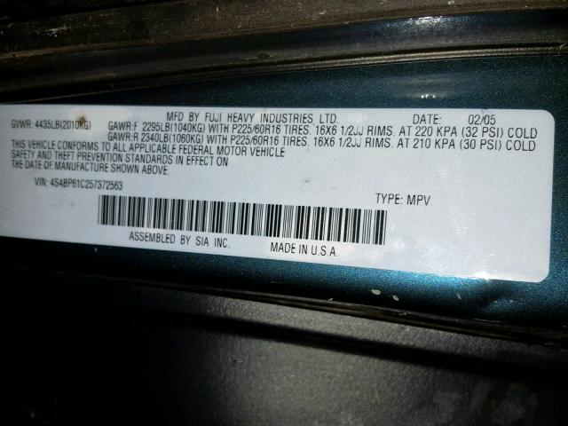 4S4BP61C257372563 - 2005 SUBARU LEGACY OUT BLUE photo 10