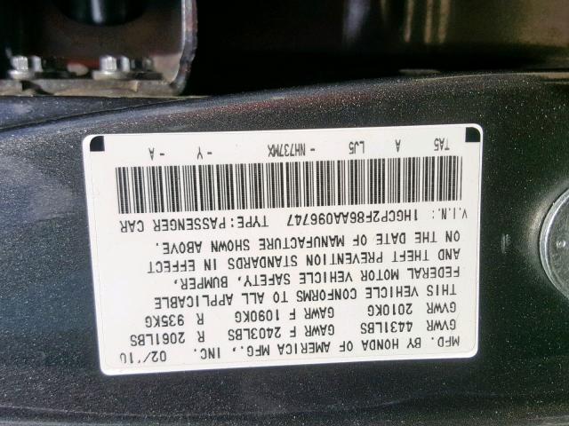 1HGCP2F86AA096747 - 2010 HONDA ACCORD EXL GRAY photo 10