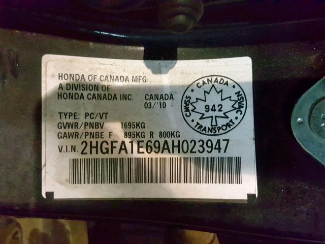 2HGFA1E69AH023947 - 2010 HONDA CIVIC LX-S Սև լուսանկար 10