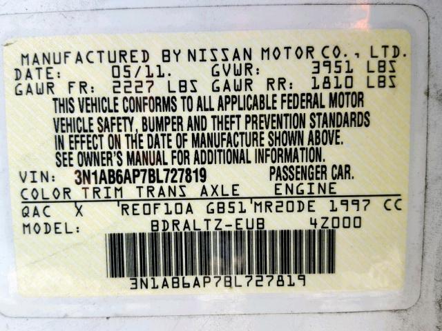 3N1AB6AP7BL727819 - 2011 NISSAN SENTRA 2.0 WHITE photo 10