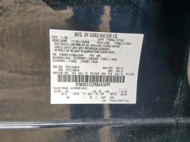 2FMDK51C29BA45899 - 2009 FORD FLEX SE BLACK photo 10