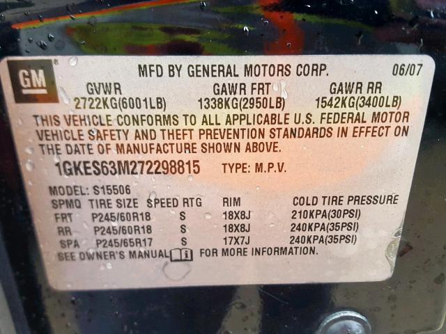 1GKES63M272298815 - 2007 GMC ENVOY DENA BLACK photo 10