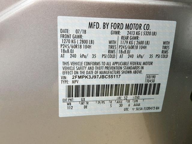 2FMPK3J97JBC55117 - 2018 FORD EDGE SEL SILVER photo 10