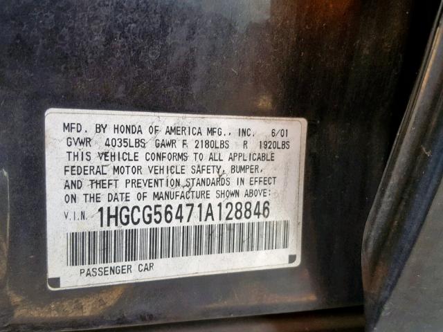 1HGCG56471A128846 - 2001 HONDA ACCORD BLACK photo 10