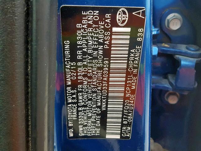 VNKKTUD33FA039591 - 2015 TOYOTA YARIS BLUE photo 10