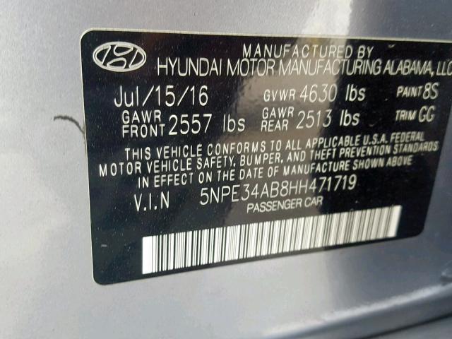 5NPE34AB8HH471719 - 2017 HYUNDAI SONATA SPO SILVER photo 10