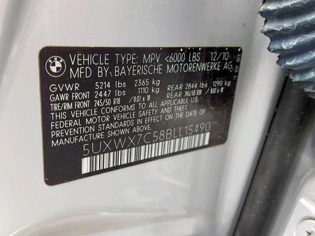 5UXWX7C58BLL15490 - 2011 BMW X3 XDRIVE3 SILVER photo 10