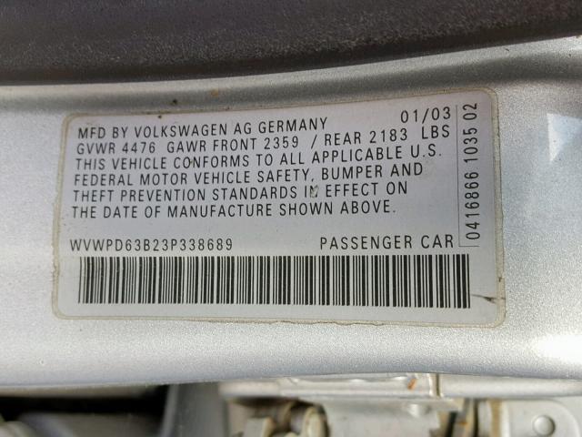 WVWPD63B23P338689 - 2003 VOLKSWAGEN PASSAT GLS GRAY photo 10