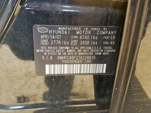 KMHFC46F27A228635 - 2007 HYUNDAI AZERA SE BLACK photo 10