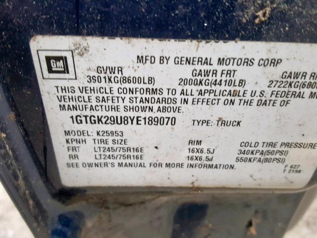 1GTGK29U8YE189070 - 2000 GMC NEW SIERRA BLUE photo 10