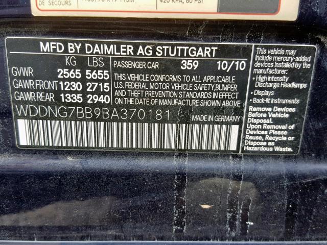 WDDNG7BB9BA370181 - 2011 MERCEDES-BENZ S 550 BLUE photo 10