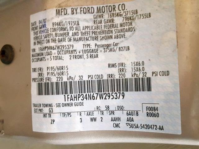 1FAHP34N67W295379 - 2007 FORD FOCUS ZX4 TAN photo 10