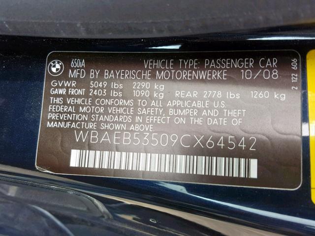 WBAEB53509CX64542 - 2009 BMW 650 I BLACK photo 10