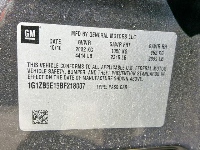 1G1ZB5E15BF218007 - 2011 CHEVROLET MALIBU LS GRAY photo 10