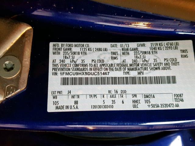 1FMCU9HX5DUC51467 - 2013 FORD ESCAPE SEL BLUE photo 10