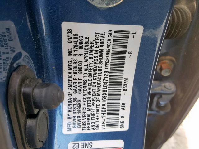 1HGFA169X8L047129 - 2008 HONDA CIVIC EXL BLUE photo 10