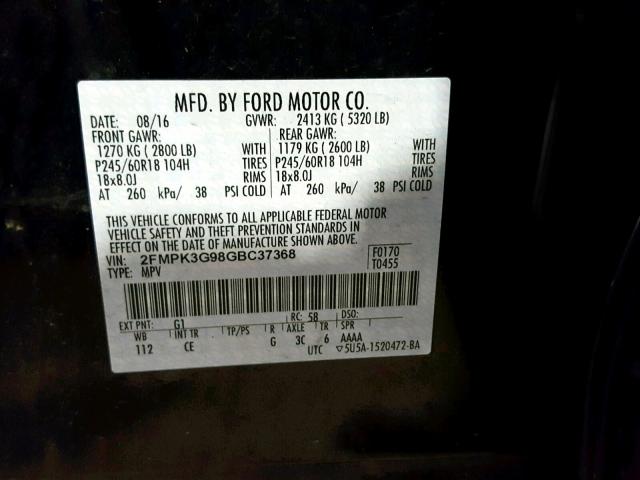 2FMPK3G98GBC37368 - 2016 FORD EDGE SE BLACK photo 10