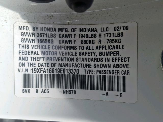 19XFA16619E013370 - 2009 HONDA CIVIC LX-S WHITE photo 10