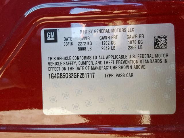 1G4GB5G33GF251717 - 2016 BUICK LACROSSE MAROON photo 10