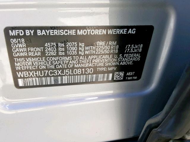 WBXHU7C3XJ5L08130 - 2018 BMW X1 SDRIVE2 SILVER photo 10