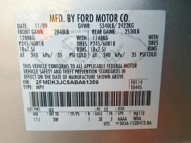 2FMDK3JC5ABA61359 - 2010 FORD EDGE SEL SILVER photo 10