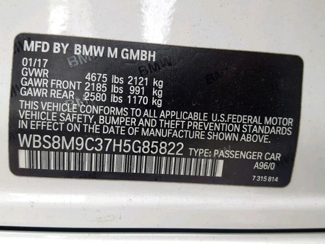 WBS8M9C37H5G85822 - 2017 BMW M3 WHITE photo 10