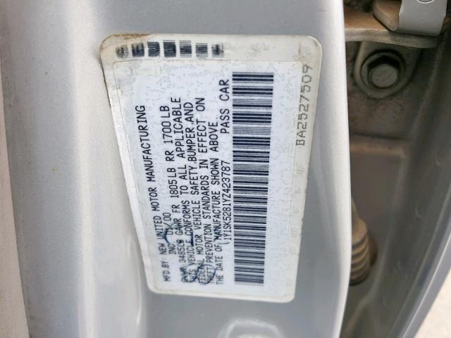 1Y1SK5281YZ423787 - 2000 CHEVROLET GEO PRIZM SILVER photo 10