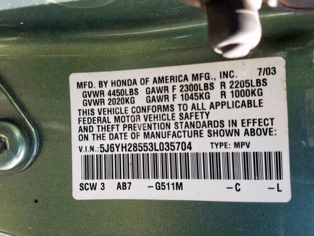 5J6YH28553L035704 - 2003 HONDA ELEMENT EX GREEN photo 10