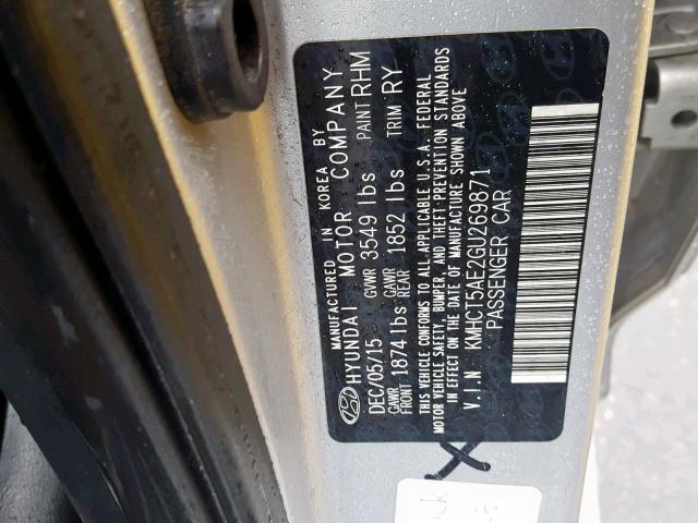 KMHCT5AE2GU269871 - 2016 HYUNDAI ACCENT SE GRAY photo 10