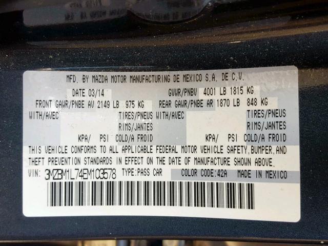 3MZBM1L74EM103578 - 2014 MAZDA 3 TOURING GRAY photo 10