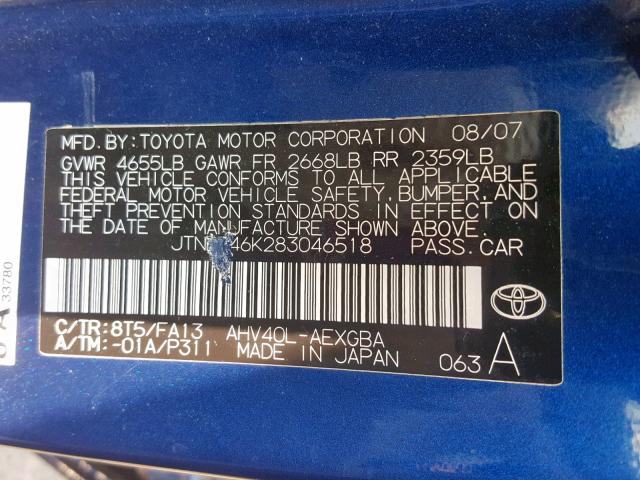 JTNBB46K283046518 - 2008 TOYOTA CAMRY HYBR BLUE photo 10