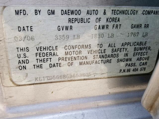 KL1TD56686B653805 - 2006 CHEVROLET AVEO BASE Күміс фото 10