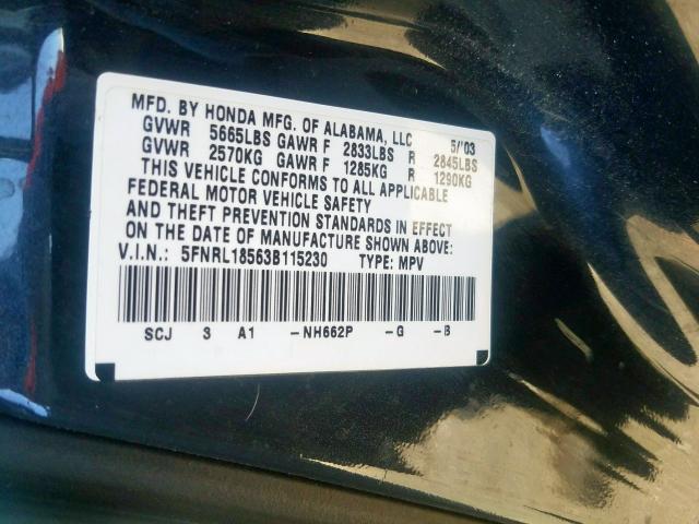 5FNRL18563B115230 - 2003 HONDA ODYSSEY LX  photo 10