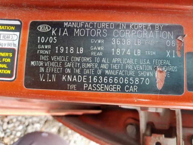 KNADE163666065870 - 2006 KIA RIO 5  photo 10