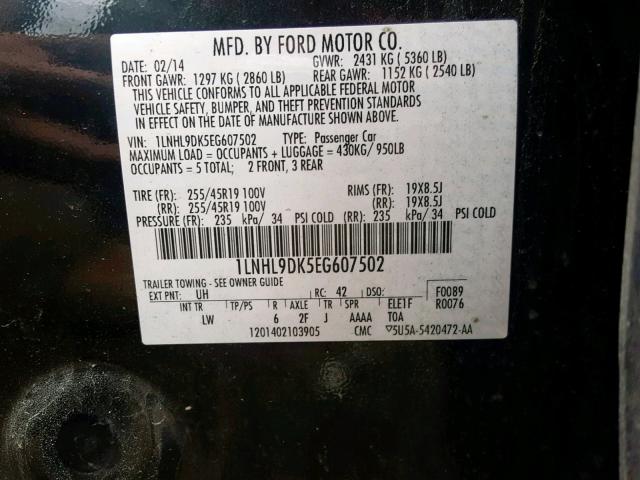 1LNHL9DK5EG607502 - 2014 LINCOLN MKS BLACK photo 10