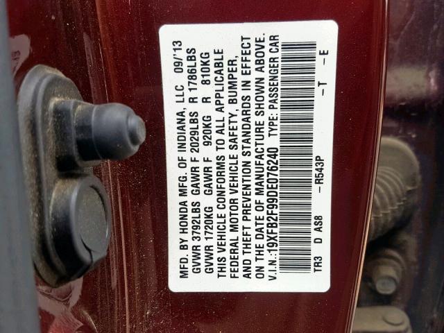 19XFB2F99DE076240 - 2013 HONDA CIVIC EXL MAROON photo 10