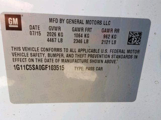 1G11C5SA0GF103515 - 2016 CHEVROLET MALIBU LIM 白色 照片 10