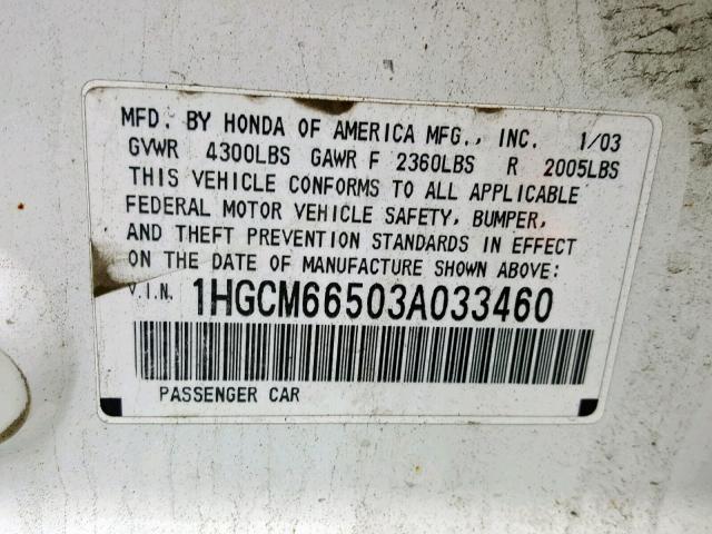 1HGCM66503A033460 - 2003 HONDA ACCORD EX WHITE photo 10